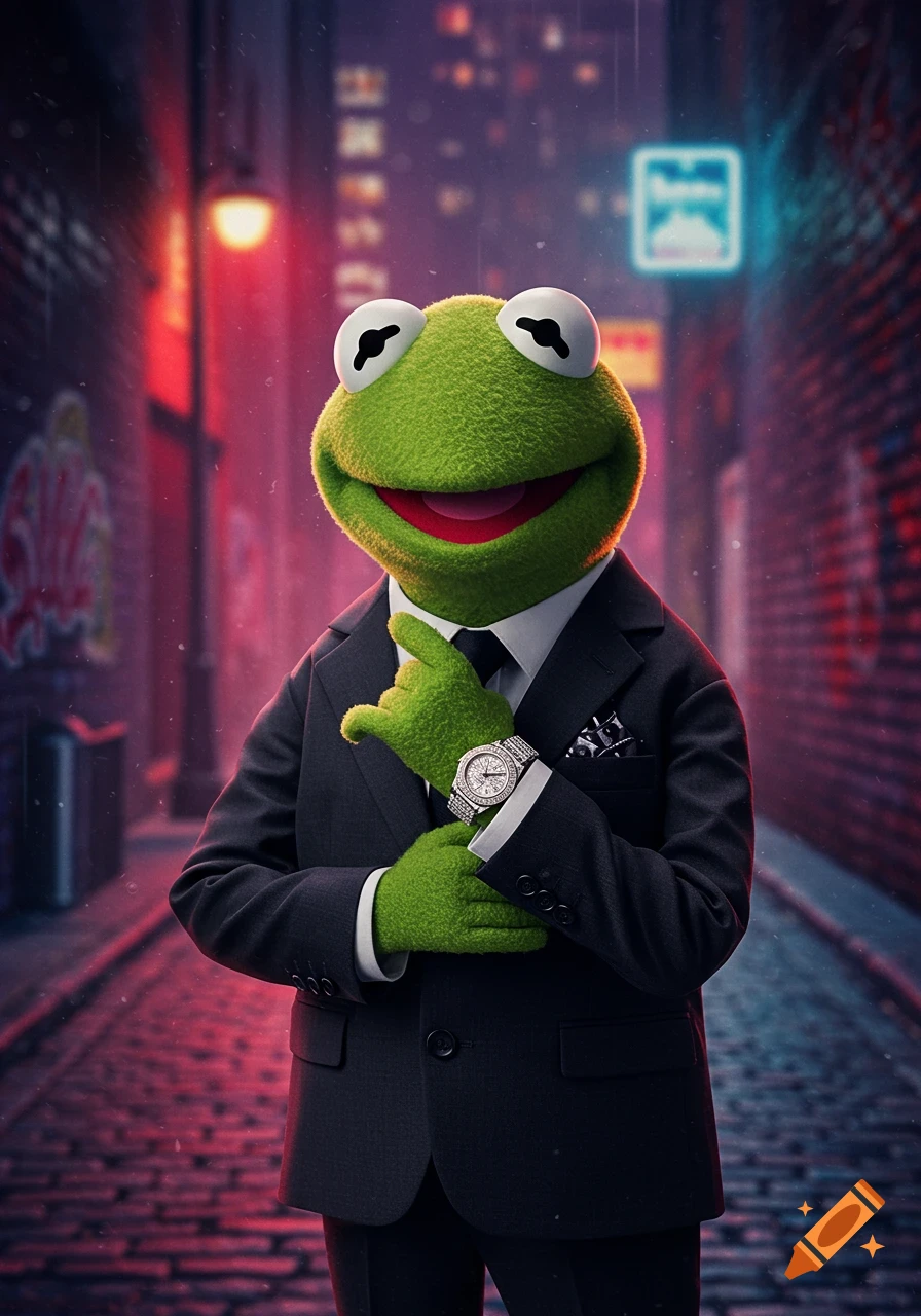 Kermit the Frog in a black suit with a diamond watch, standing in a neon-lit urban alley.