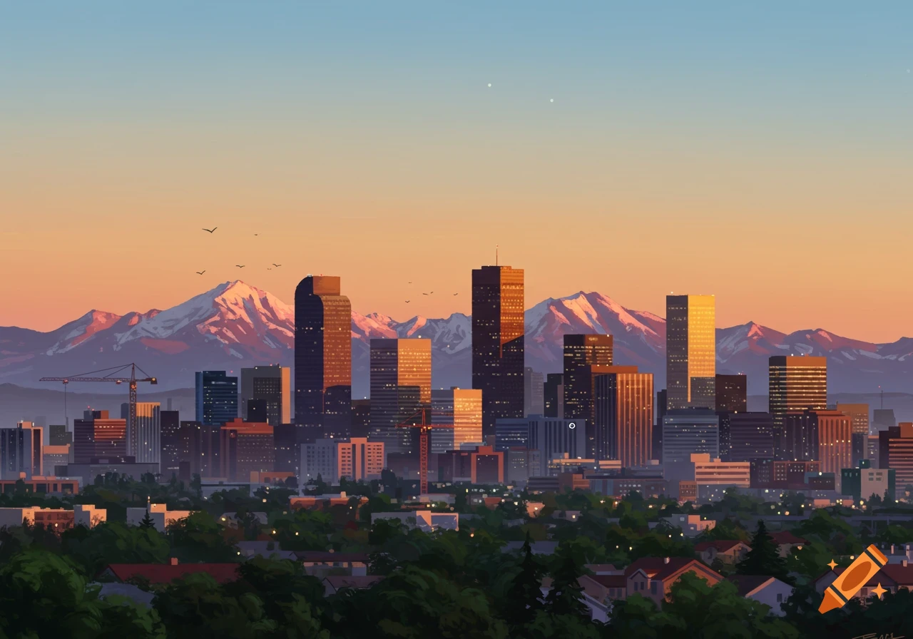 Vibrant cityscape with tall buildings and snow-capped mountains at sunset, foregrounded by green trees.
