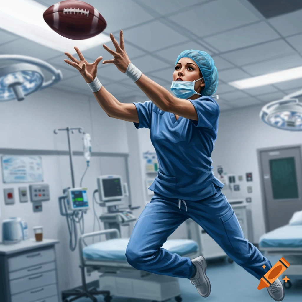 An ICU nurse in blue scrubs jumps to catch a football in a hospital operating room, depicted in a realistic digital art style.
