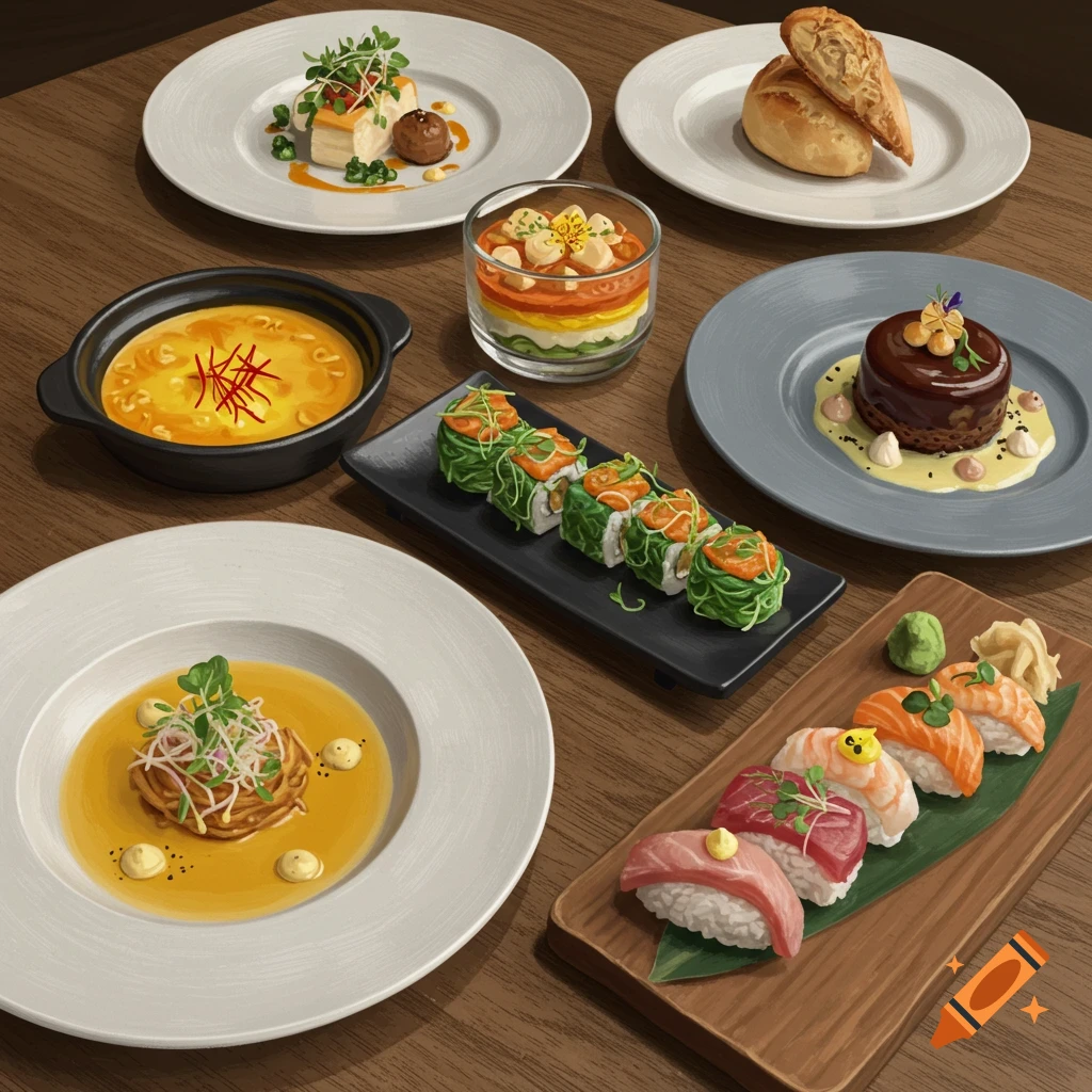 A digitally illustrated top-down view of a table set with multiple gourmet food dishes, including sushi, soup, dessert, and bread.
