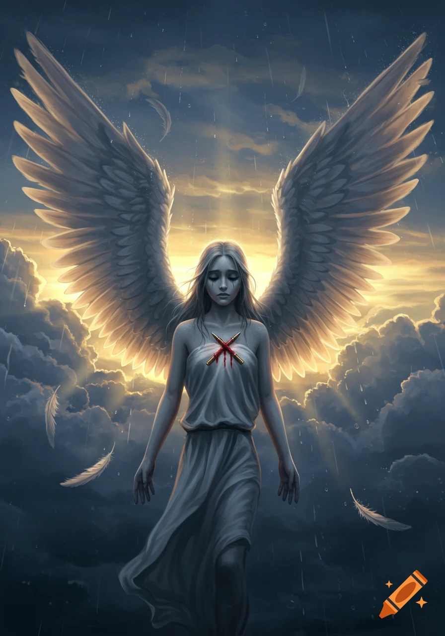 An angel-like figure with large wings stands under a dramatic sky with golden light, with two crossed bullets and blood on her chest.