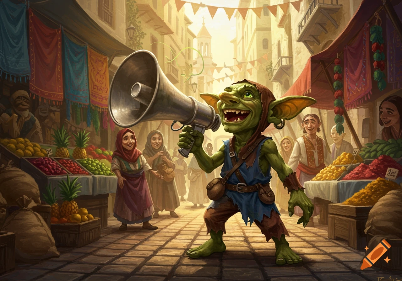 A smiling green goblin with large ears holds a megaphone in a bustling fantasy market scene with people and colorful stalls, in a digital painting style.