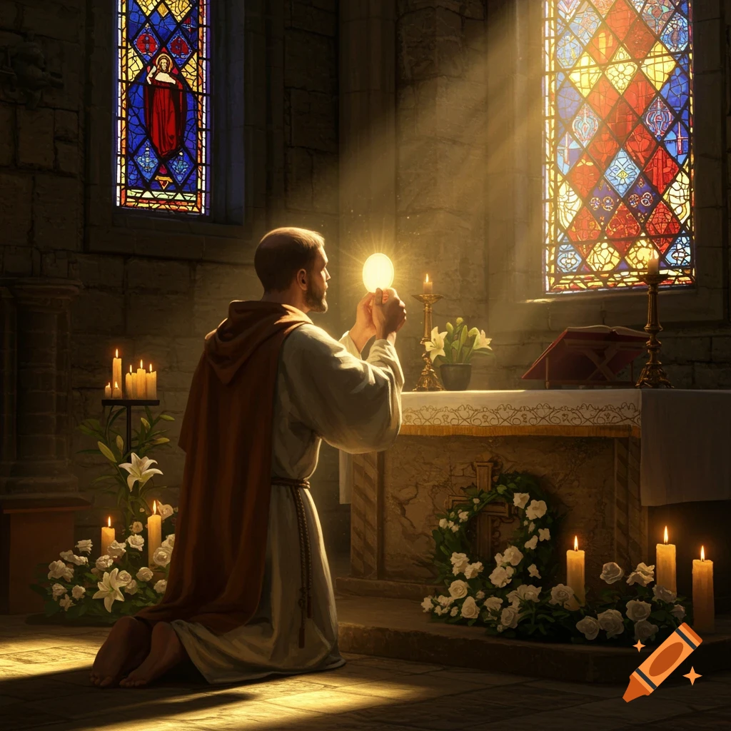 A man kneels in a church, holding a glowing Eucharist. Stained glass windows and lit candles illuminate the scene.