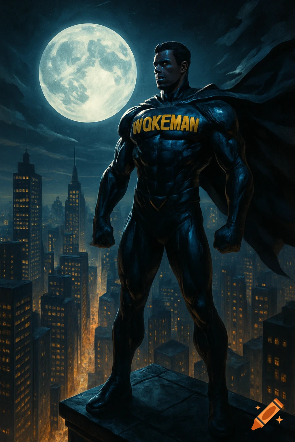 A muscular superhero with 'WOKEMAN' on his chest stands on a city rooftop at night, a large full moon behind him. Dramatic art style.
