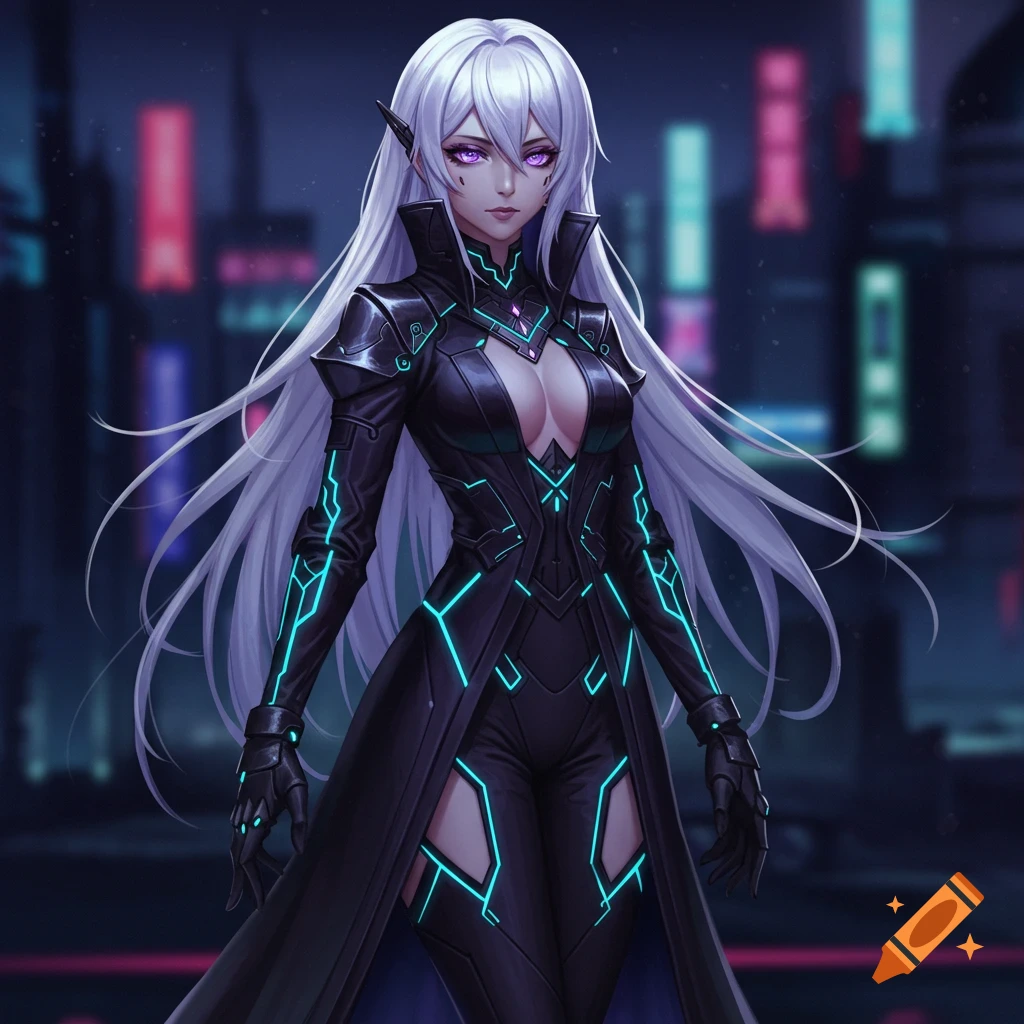Anime girl with silver hair and purple eyes in a black coat with glowing cyan patterns, against a cyberpunk city background.