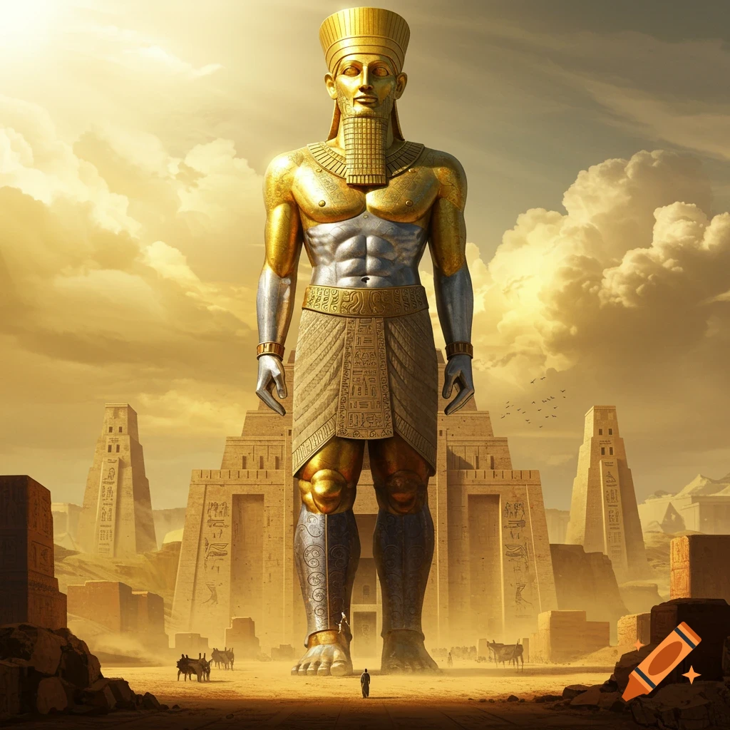 A colossal golden and silver statue of a man stands in a desert landscape with ancient temples under a dramatic golden sky.