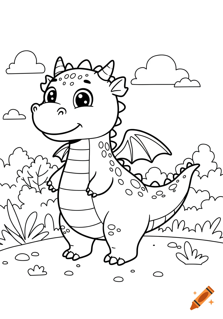 Black and white line drawing of a cute baby dragon standing in a field, designed for a coloring book.