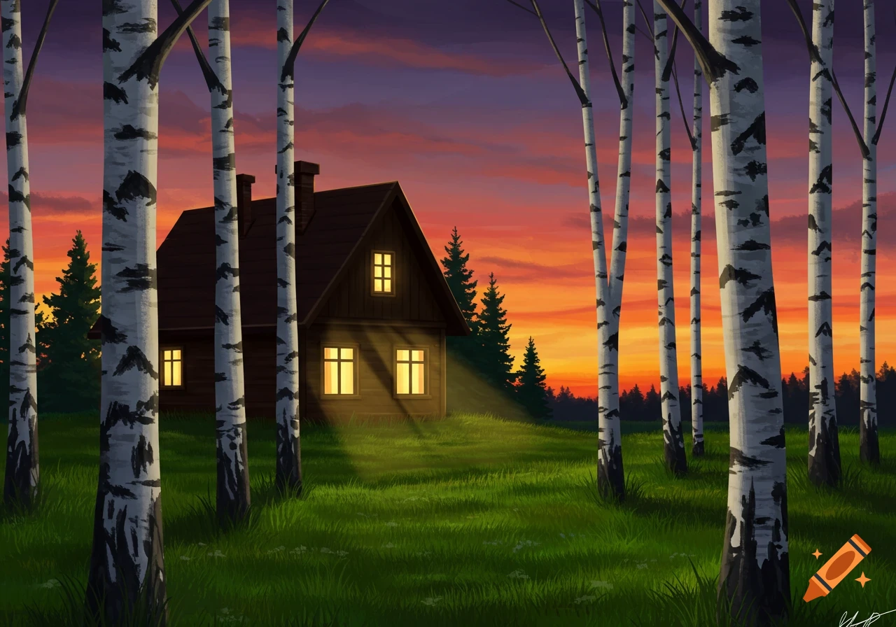 A cozy house with warm light in windows, surrounded by birch trees, at sunset with green grass in the foreground. Digital art style.