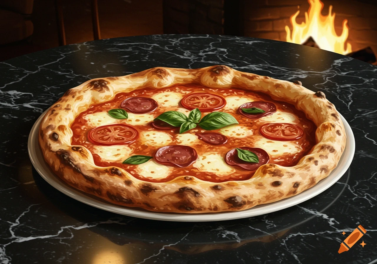 A detailed illustration of a whole pizza with pepperoni, tomatoes, and basil on a dark marble table, with a warm fireplace in the background.
