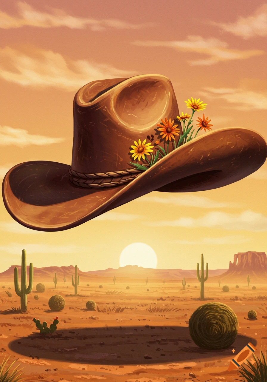 A large brown cowboy hat adorned with colorful flowers floats over a sunlit desert landscape with cacti and mesas.