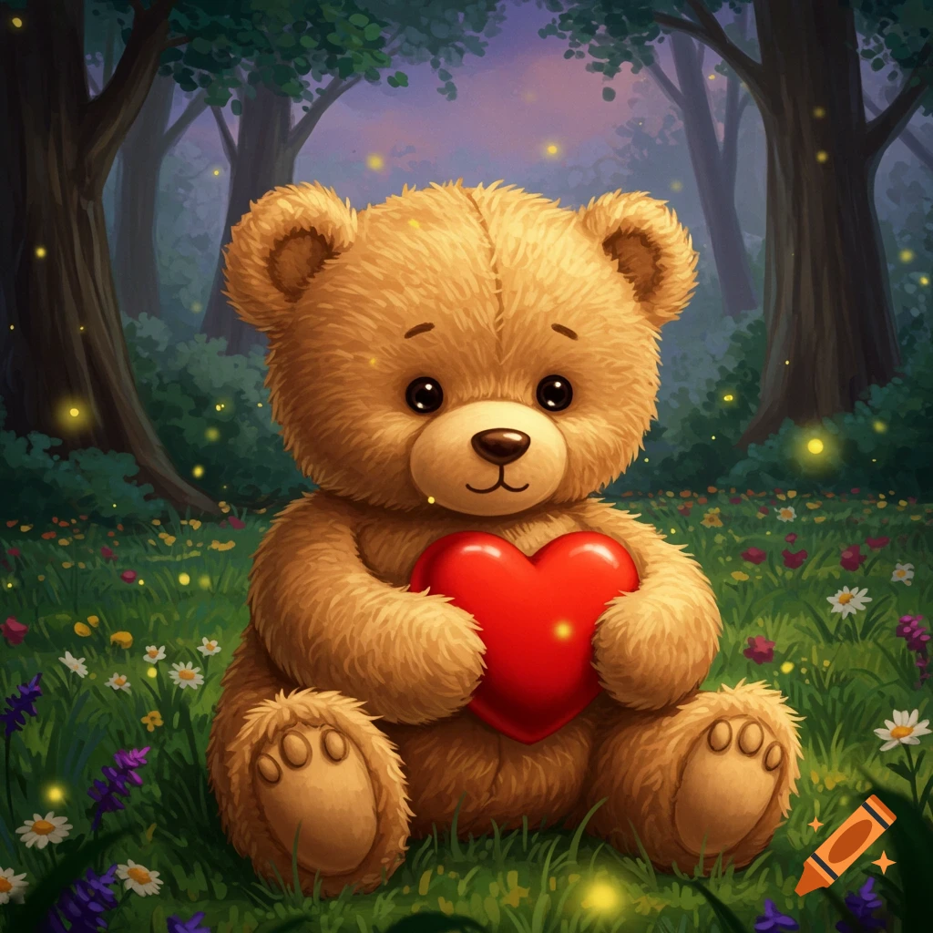 A cute teddy bear holds a red heart in a magical forest clearing with glowing fireflies and colorful flowers.