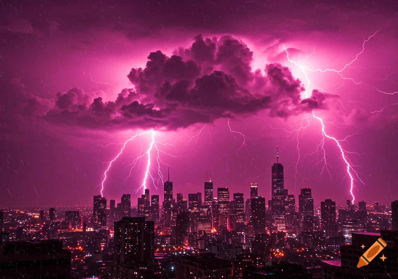 A vibrant hot pink lightning storm illuminates a dark city skyline at night with rain falling.