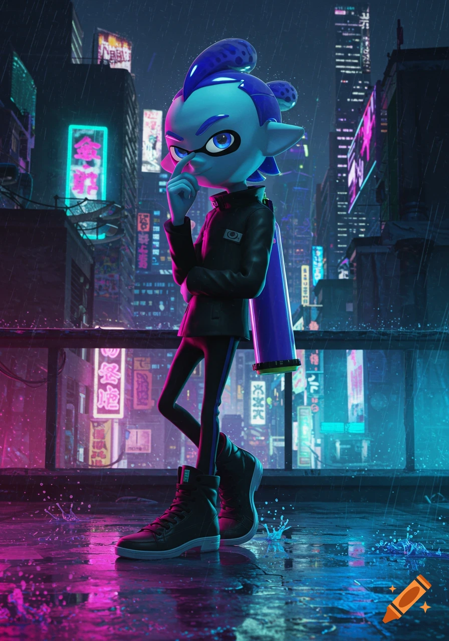 A male Splatoon character stands on a wet rooftop at night, surrounded by neon signs in a cyberpunk city.
