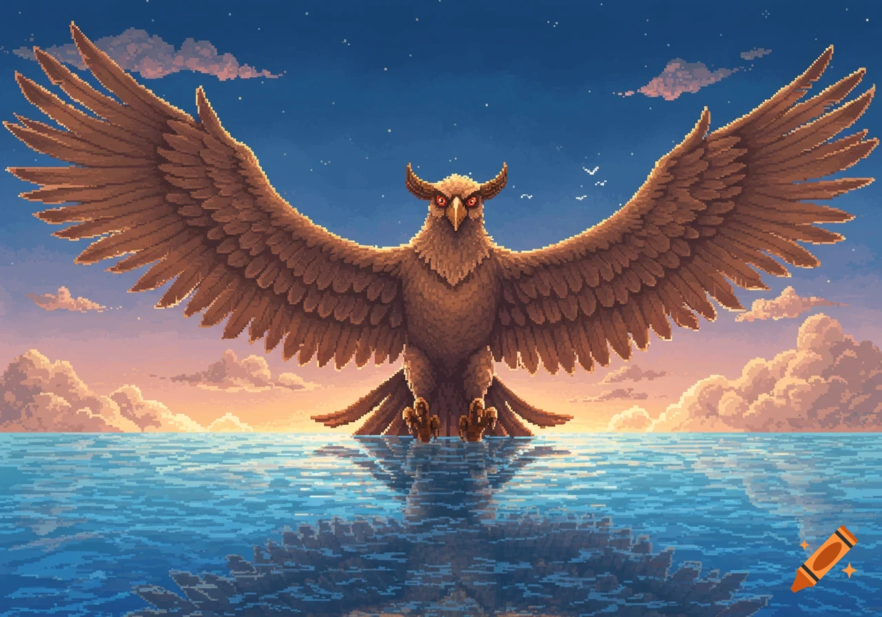 Giant pixel art roc with wide wings standing on water, reflected below, under a starry twilight sky with orange clouds.