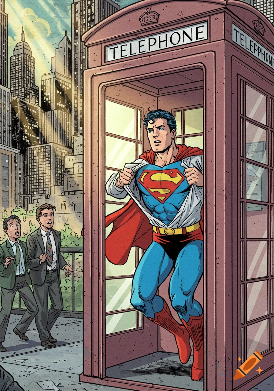 Superman rips open his shirt in a red phone booth as two men watch in surprise in a comic book style cityscape.