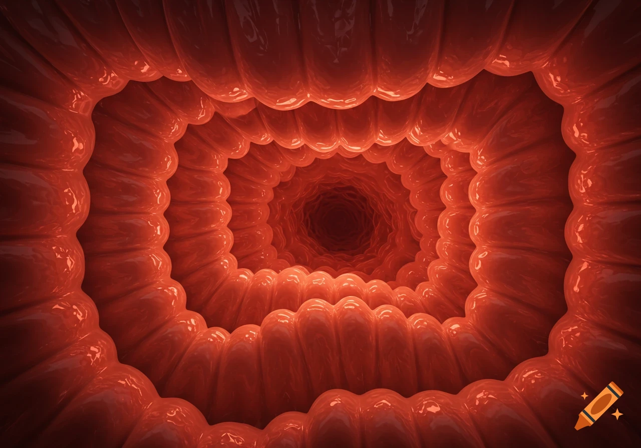 View looking down a reddish, textured tunnel resembling the inside of an intestine.