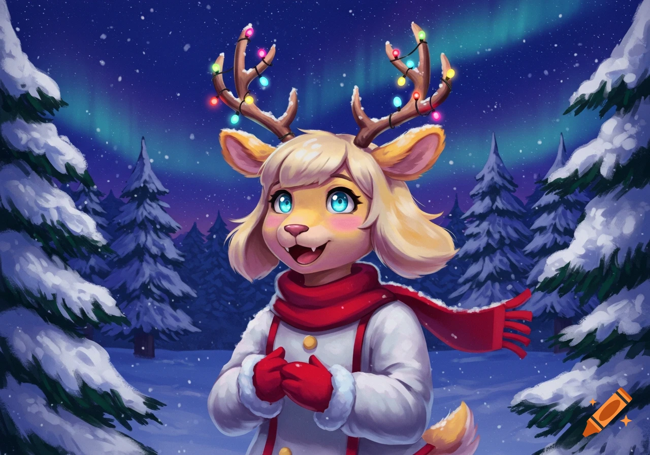 A happy cartoon deer character with Christmas lights on its antlers, wearing a red scarf in a snowy forest with northern lights.