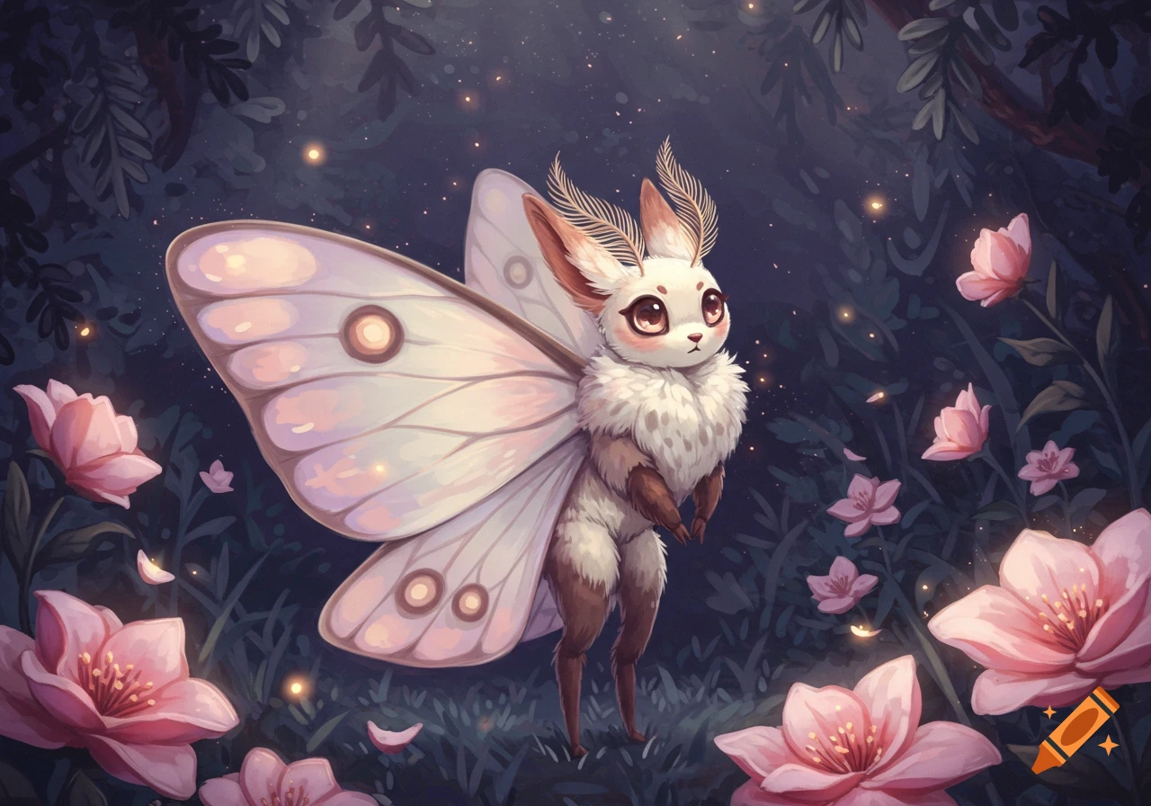 A cute, fluffy white moth creature with large wings stands in a dark magical forest with glowing particles and pink flowers.
