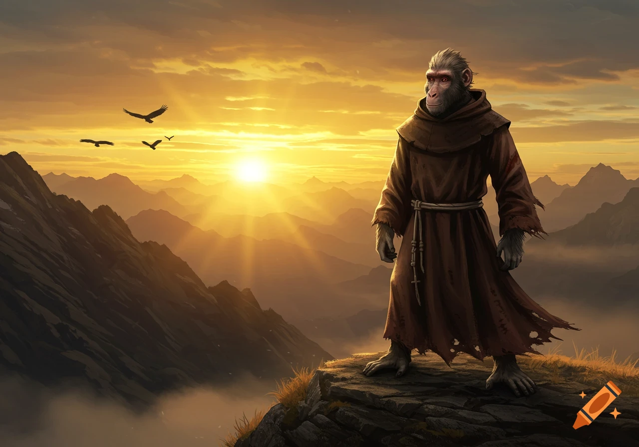 A grey-furred, monkey-like creature in a torn brown monk robe stands on a rocky mountain peak at sunrise, with birds flying above.
