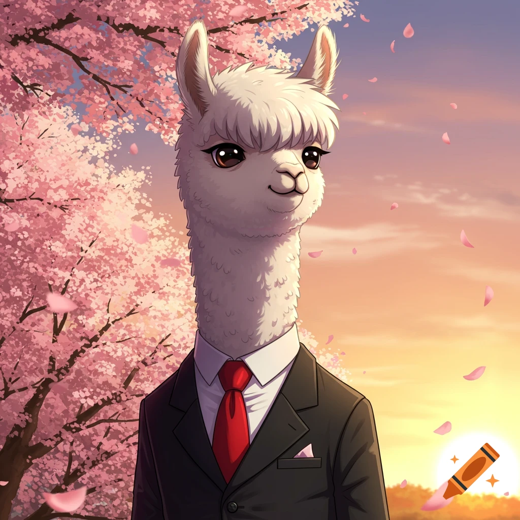 An anime-style alpaca in a black suit and red tie stands under a pink cherry blossom tree with falling petals at sunset.