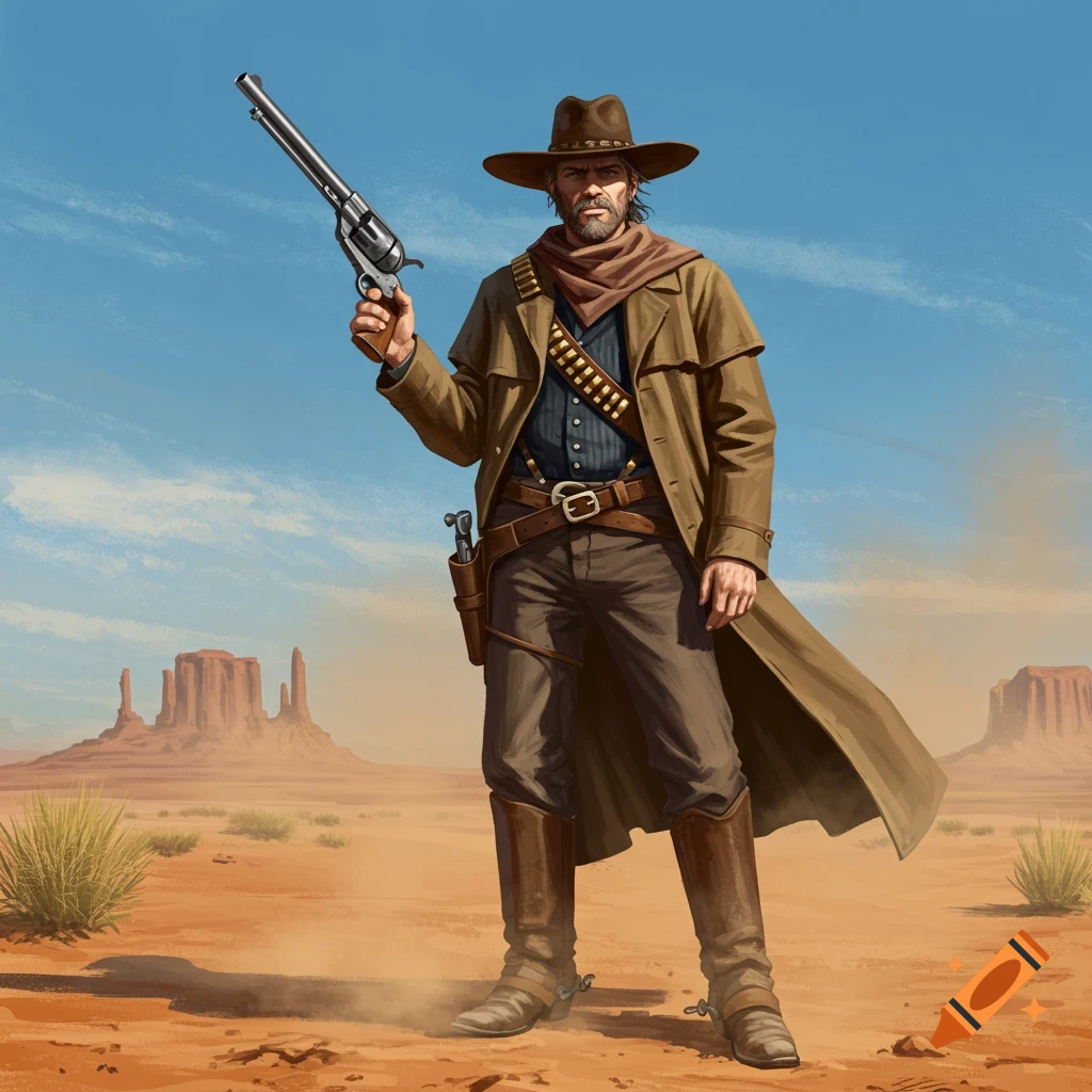 An illustration of a rugged cowboy gunslinger in a brown duster coat and hat, holding a long-barreled revolver in a desert landscape.