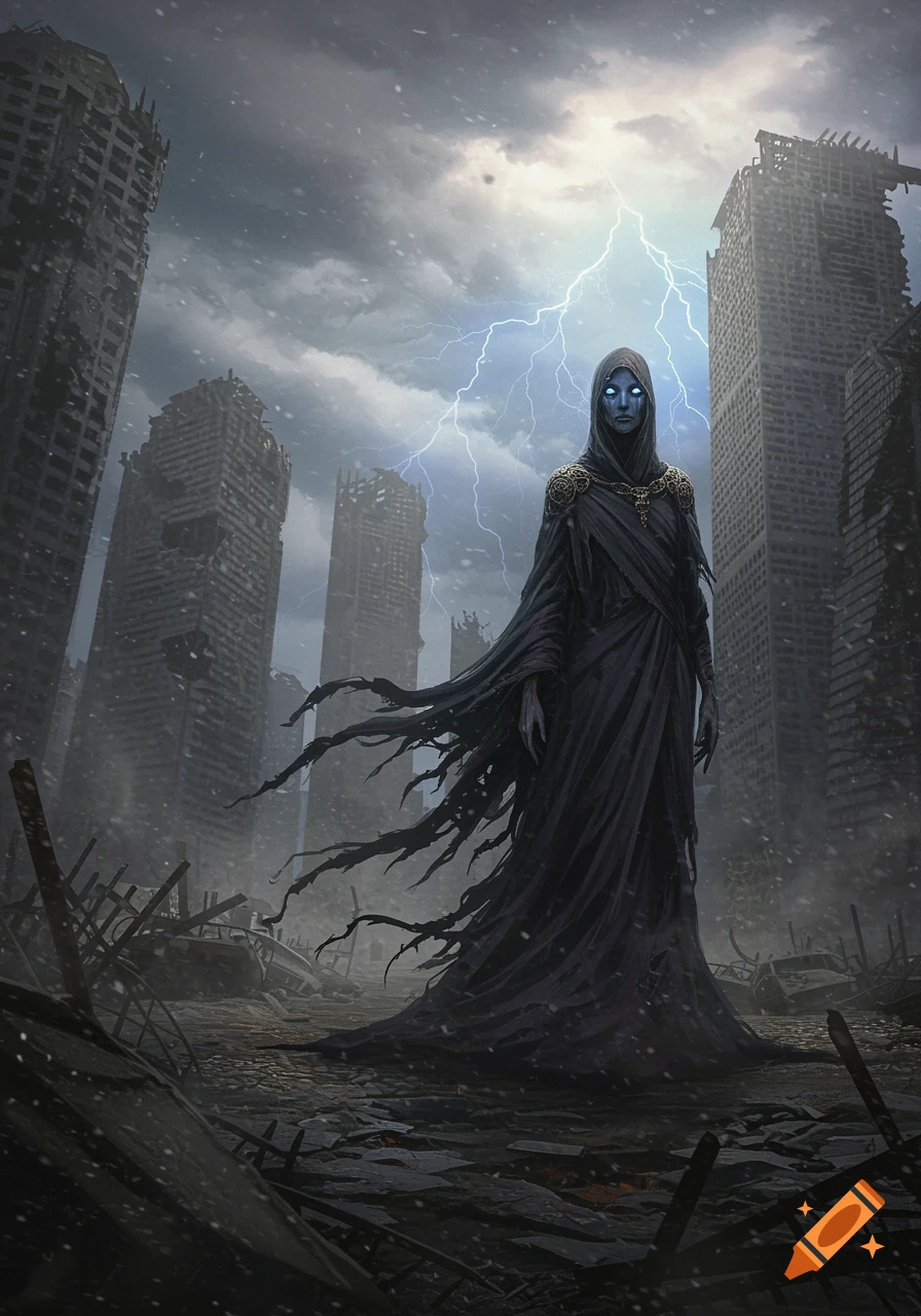 A robed figure with glowing blue eyes stands in a ruined city under a stormy, lightning-filled sky.