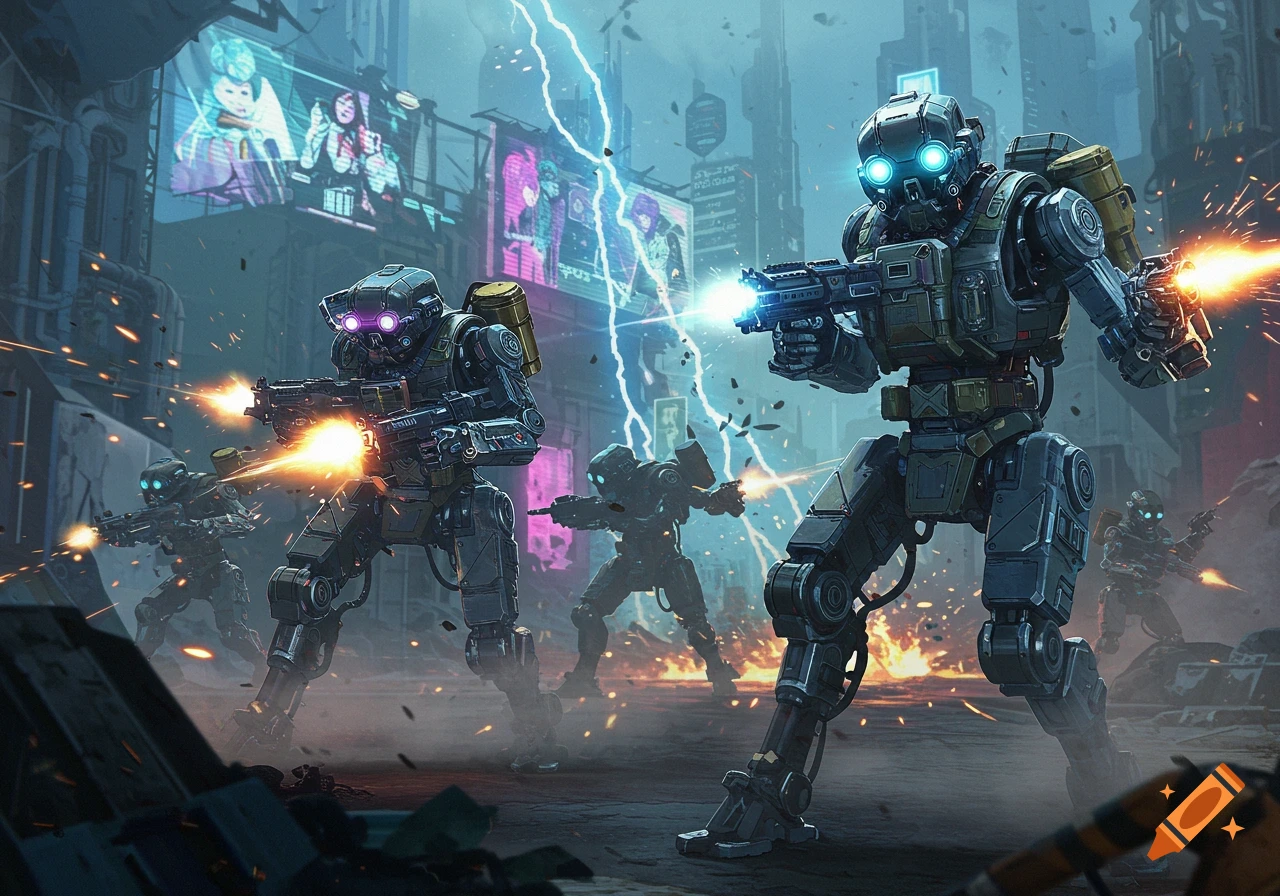 Robots engaged in a futuristic firefight in a cyberpunk city under a lightning storm.