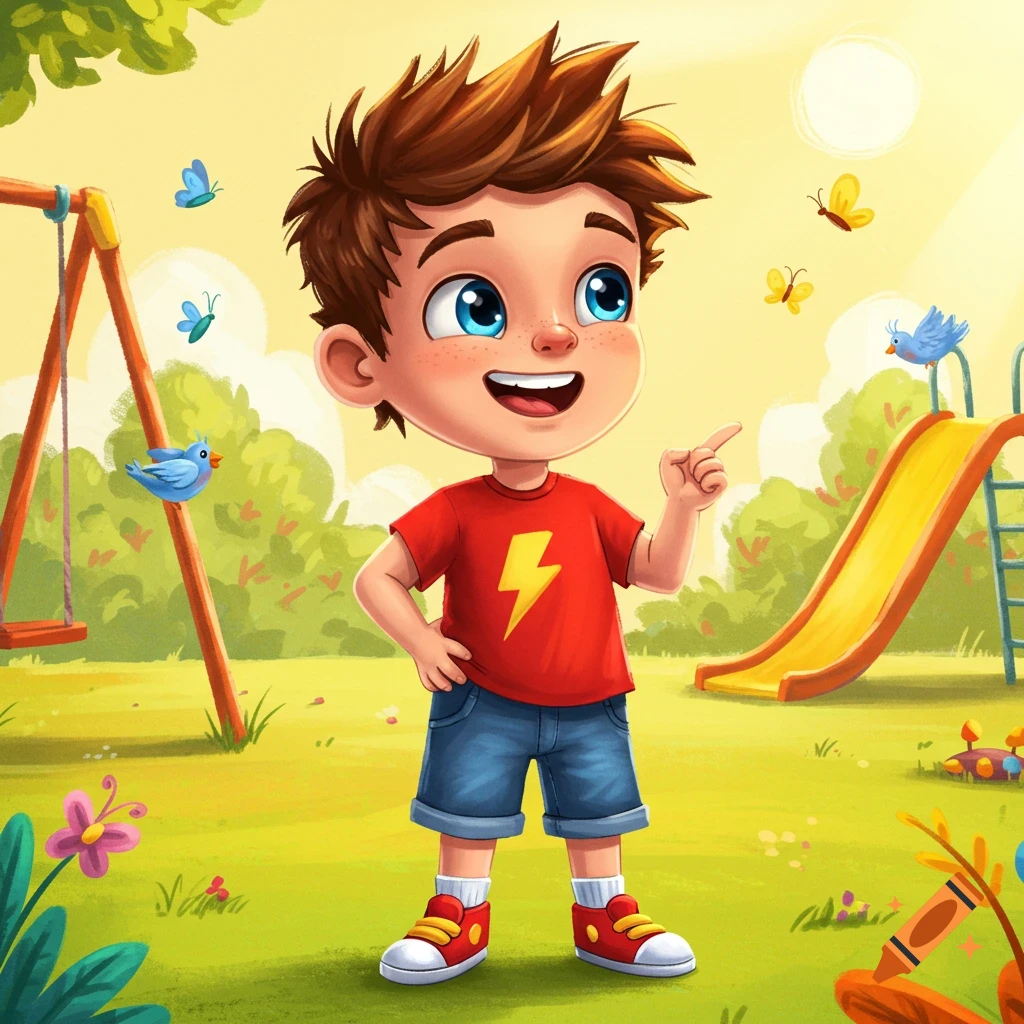 A cheerful cartoon boy with brown hair and a red lightning bolt shirt points right in a sunny playground.