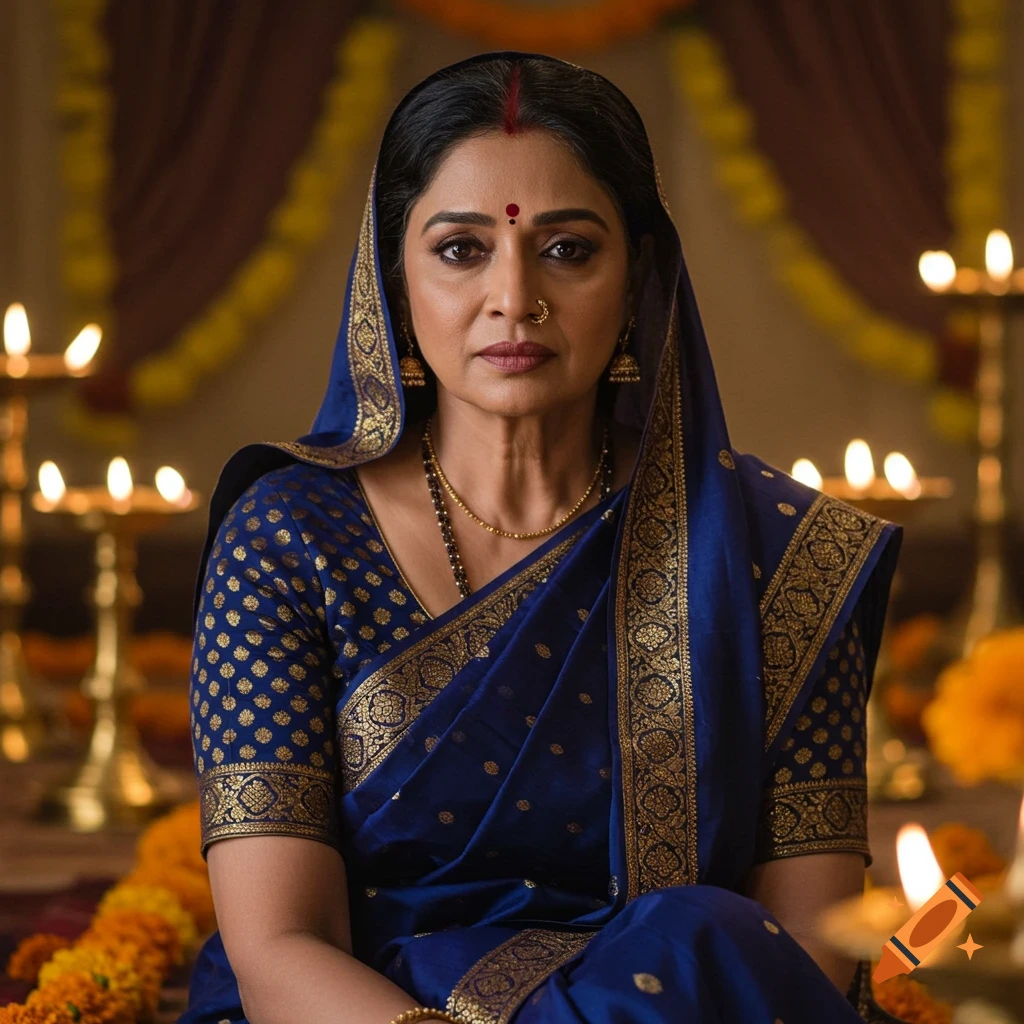 Photorealistic portrait of an Indian woman in a blue saree with gold patterns, sitting amidst lit oil lamps and marigolds.