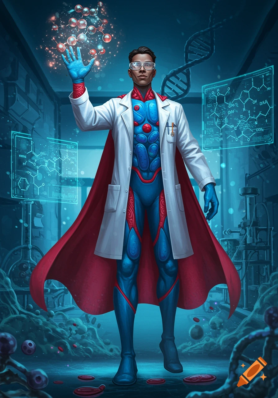 A superhero pharmaceutical scientist in a lab coat and blue armored suit, raising a hand towards glowing molecular structures in a futuristic laboratory with holographic displays.