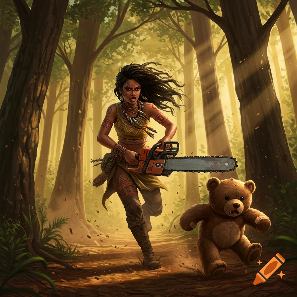 A fierce woman with a chainsaw chases a scared teddy bear through a sunlit forest, illustrated in a fantasy style.
