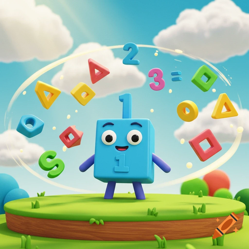 A happy blue block character with the number one on its chest and head stands on a green grassy hill, surrounded by floating colorful shapes and numbers in a bright sky.