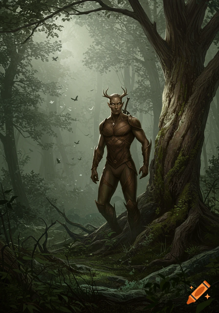 A horned elf-like character with glowing eyes and brown armor stands in a misty, dark forest with large trees.