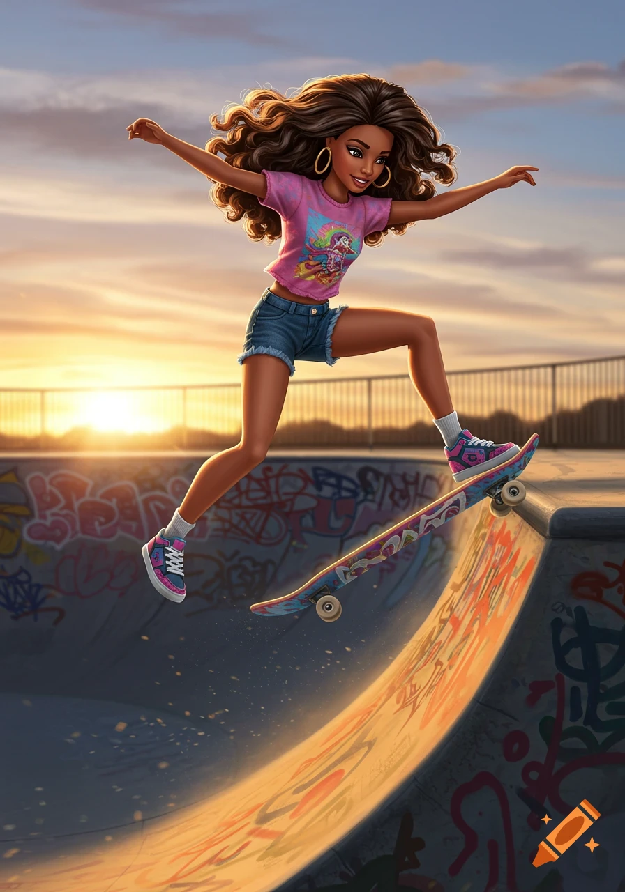 A Barbie-like doll with long brown hair, wearing a pink t-shirt and denim shorts, skateboards in a graffiti-covered skatepark at sunset.