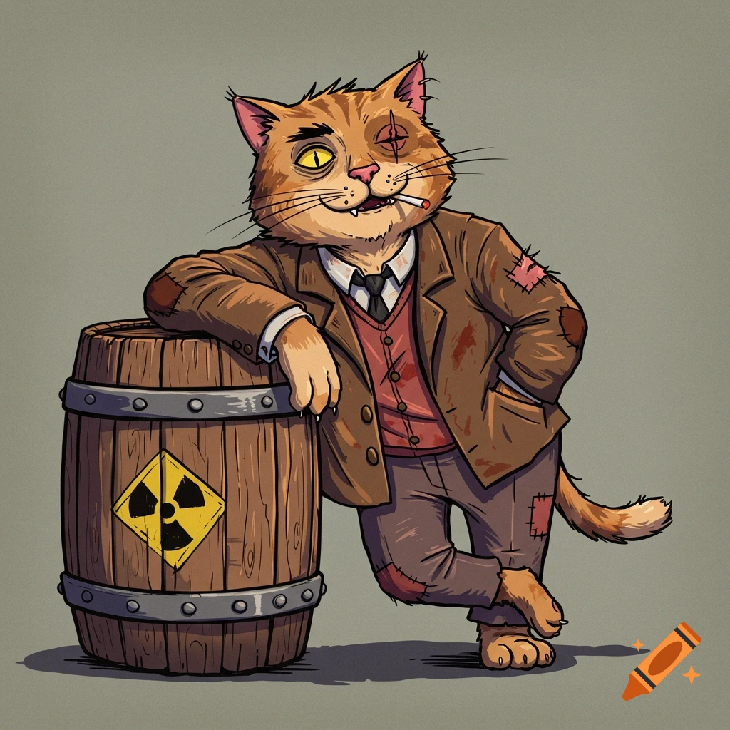 A scruffy, anthropomorphic orange tabby cat in a patched suit jacket leans on a barrel with a radioactive symbol, smoking a cigarette, in a cartoon style.