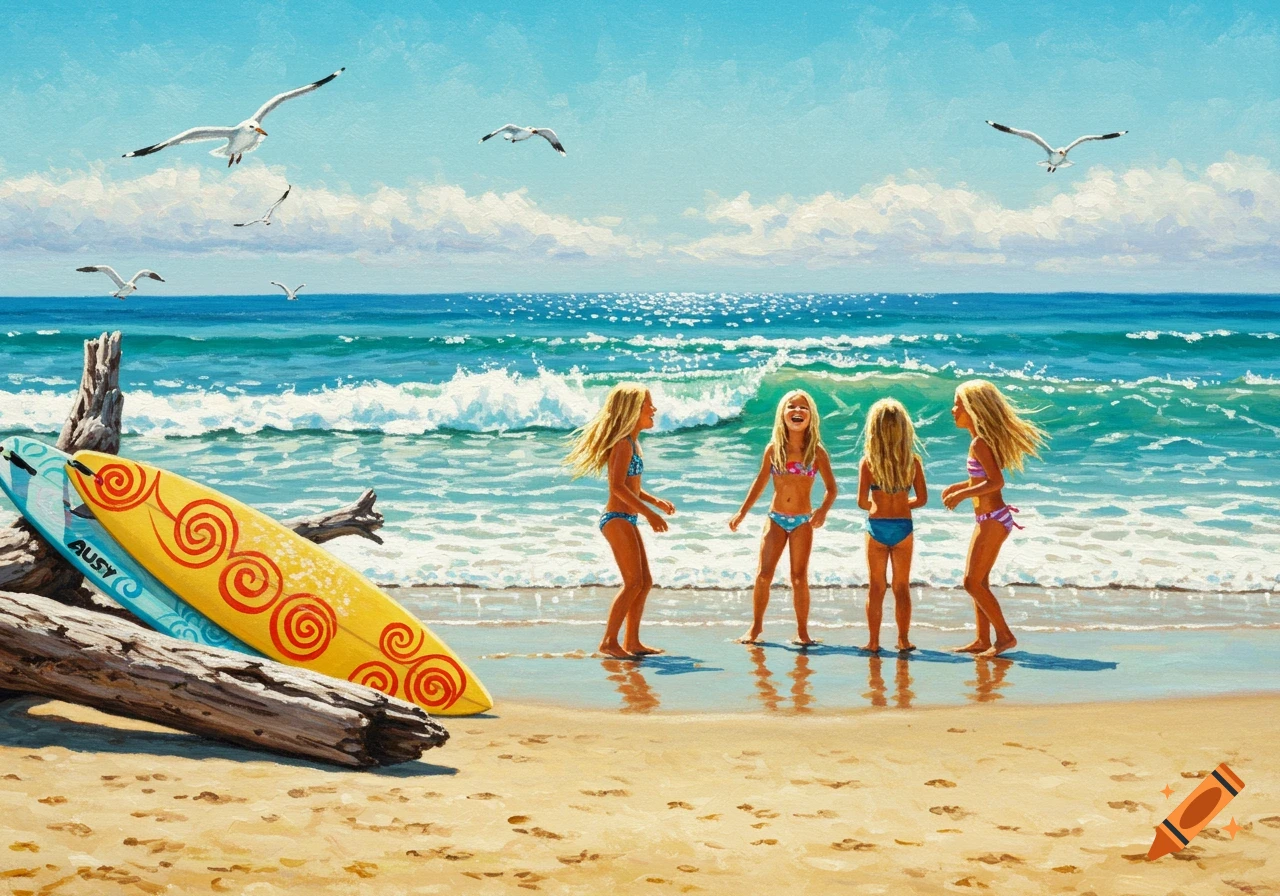 バリ絵画:beach girls バリ絵画:beach girls