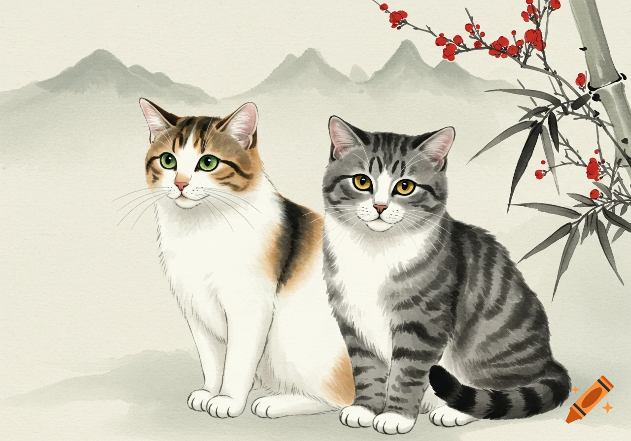 A traditional Chinese ink painting features a calico cat and a grey tabby cat sitting side-by-side, with misty mountains, bamboo, and red blossoms in the background.
