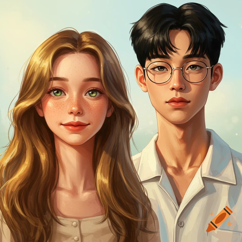 An anime-style illustration of a young woman with long golden brown hair, green eyes, and freckles next to a young man with black hair and round glasses.