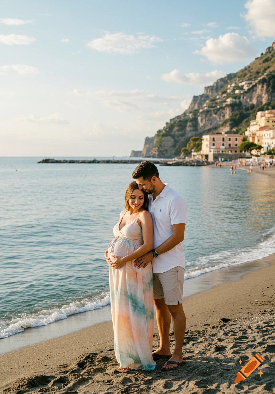 A man embraces his pregnant wife on a sandy beach next to the sea, with a town built into a large mountain in the background.