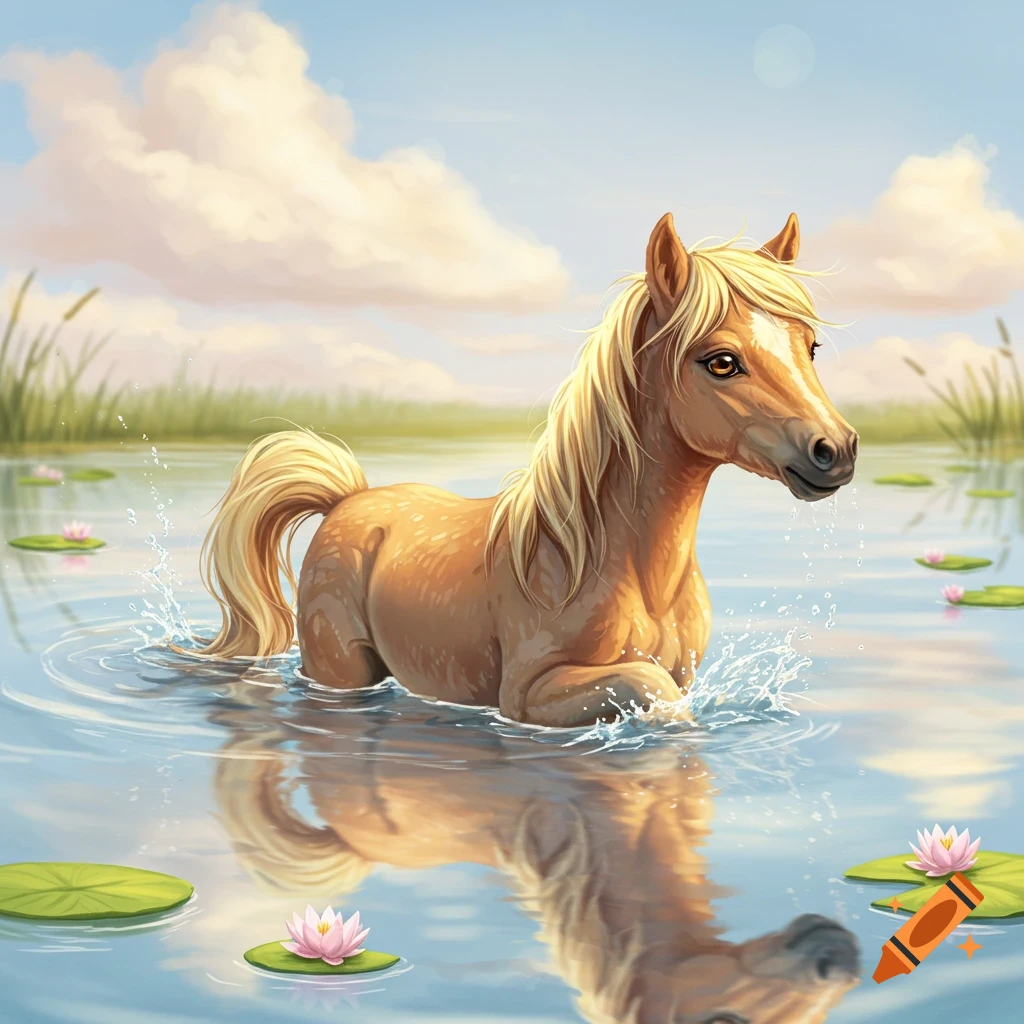 A stylized light brown pony with a blonde mane and tail stands in a clear blue pond with lily pads and flowers, under a blue sky.