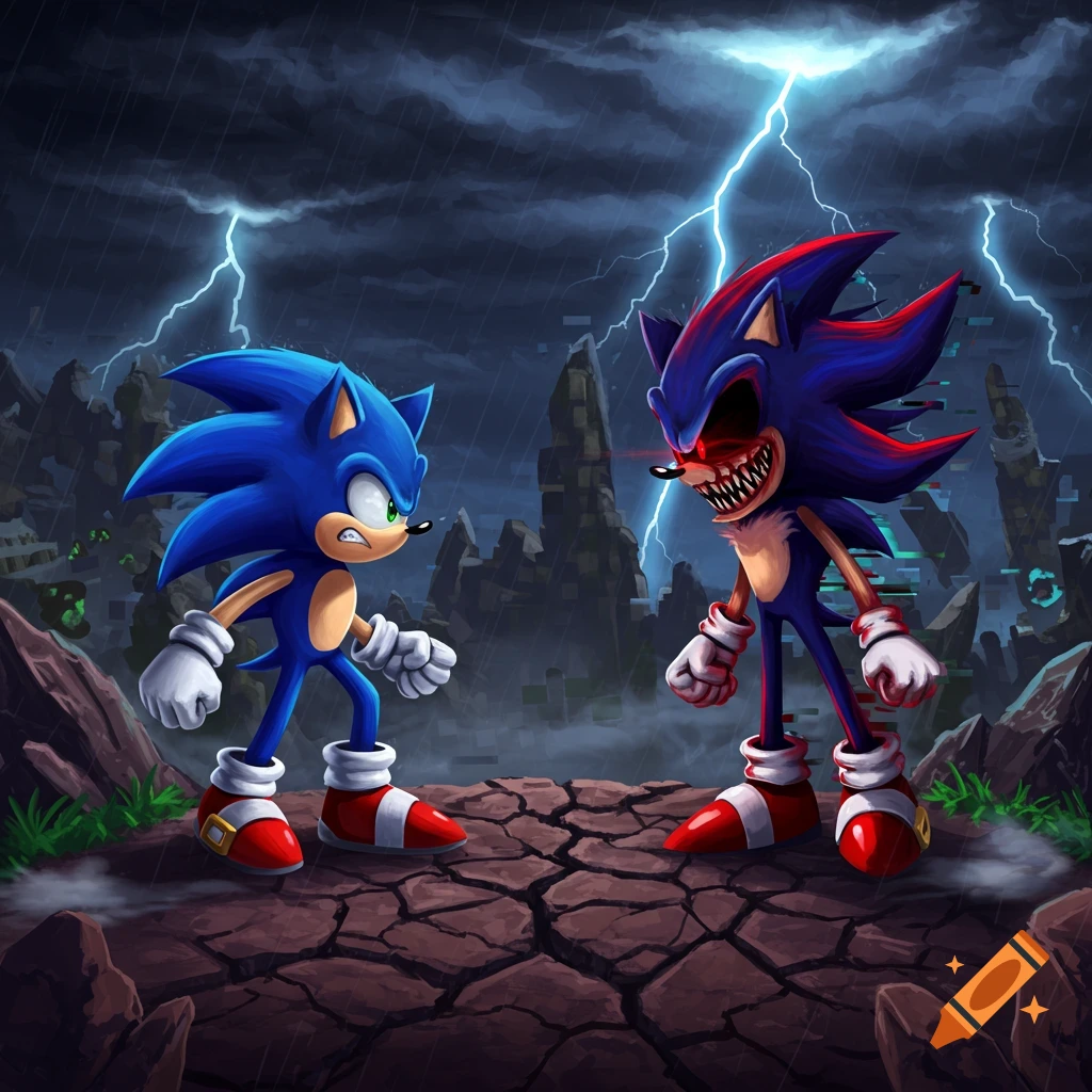 Sonic confronts Sonic.exe in a ruined landscape under a stormy, lightning-filled sky.
