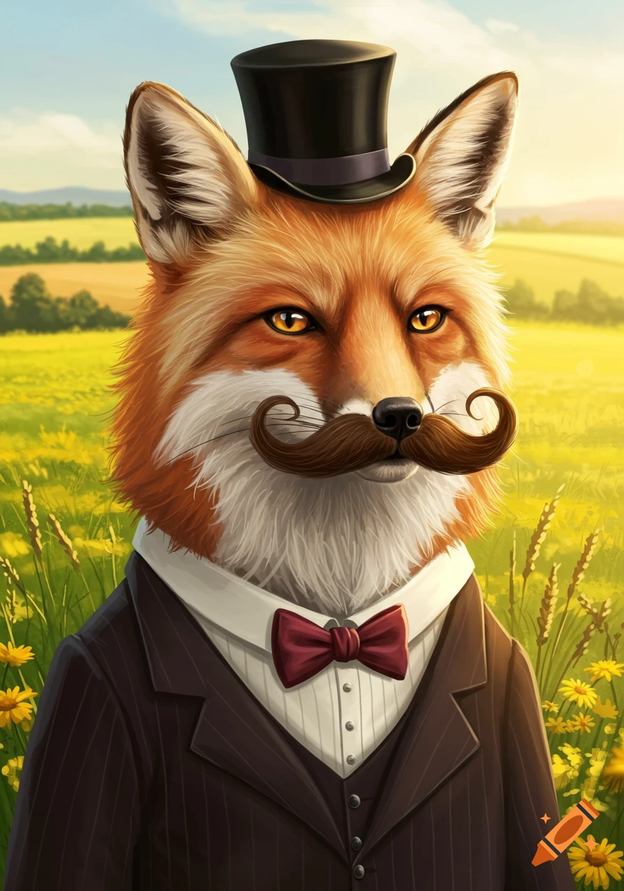 An anthropomorphic fox in a black top hat, pinstripe suit, red bow tie, and handlebar mustache stands in a sunny green and yellow field.