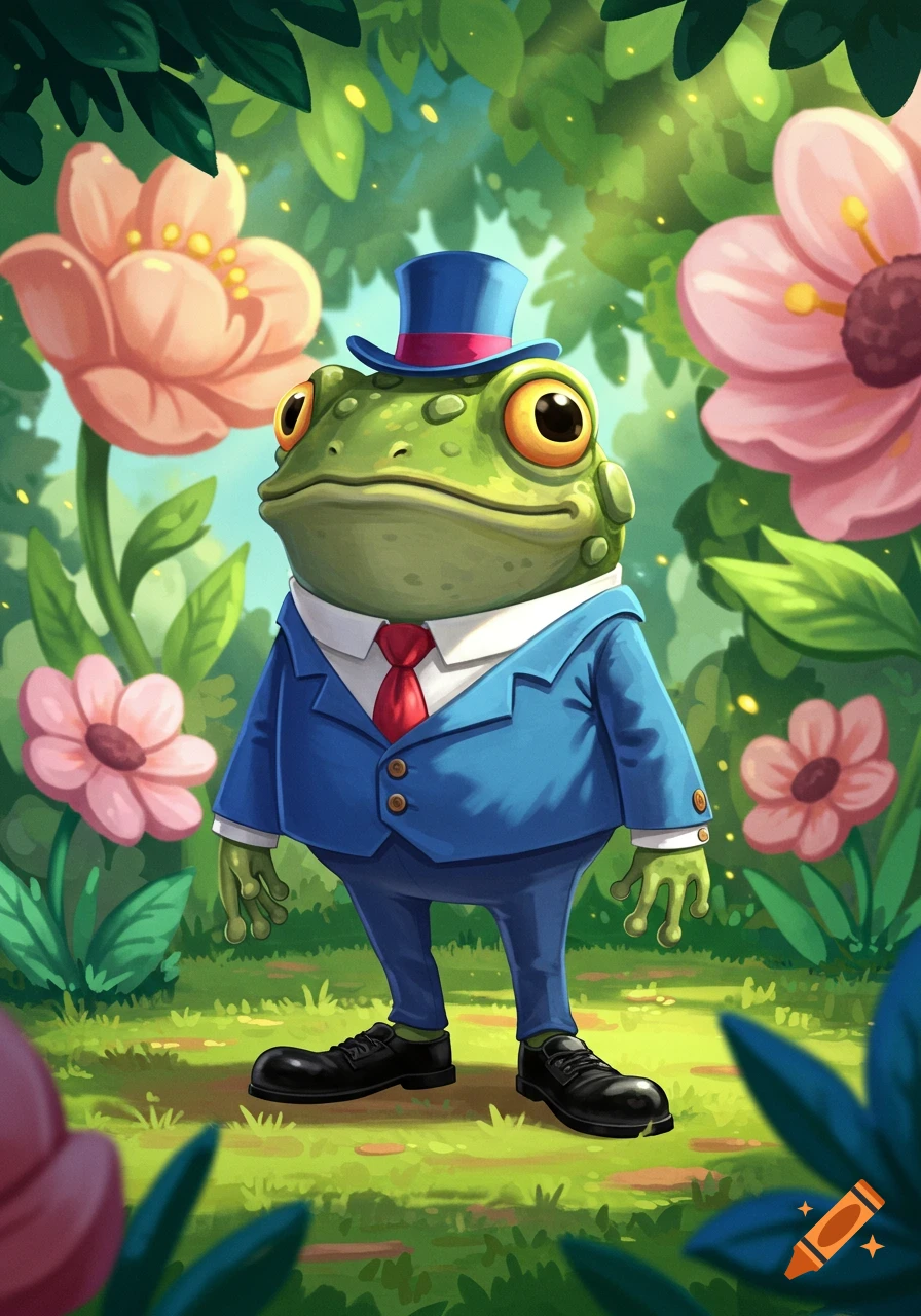 A cartoon frog wearing a blue suit, red tie, and blue top hat stands in a vibrant green garden with large pink flowers.