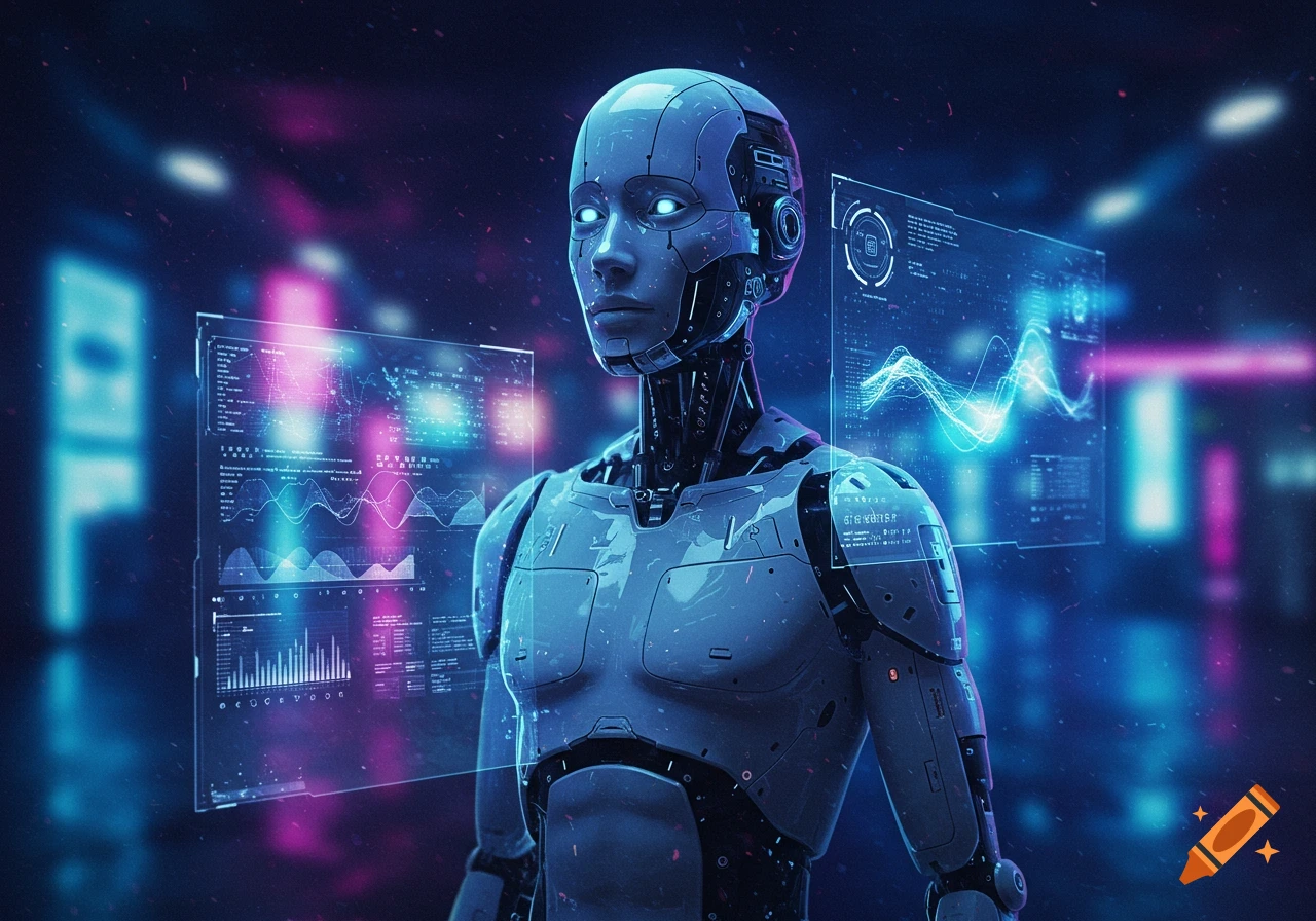 A sleek, futuristic robot with glowing eyes stands amidst glowing holographic data screens in a dark, neon-lit sci-fi environment.