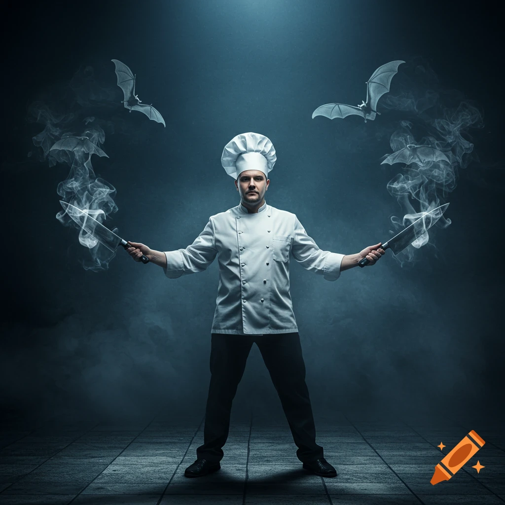 A chef in a white uniform holds two knives with smoke, as bats fly above him in a dark, dramatic setting.