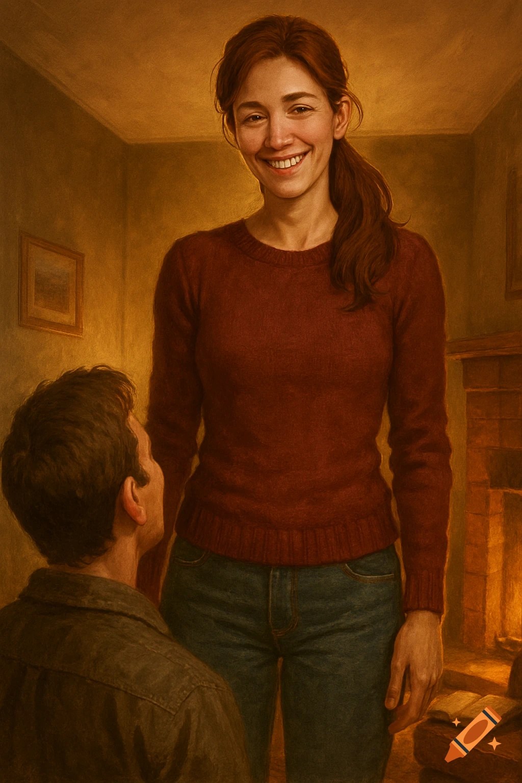 A smiling woman with auburn hair and a red sweater looks down at a man from a low angle in a warmly lit, painterly interior.