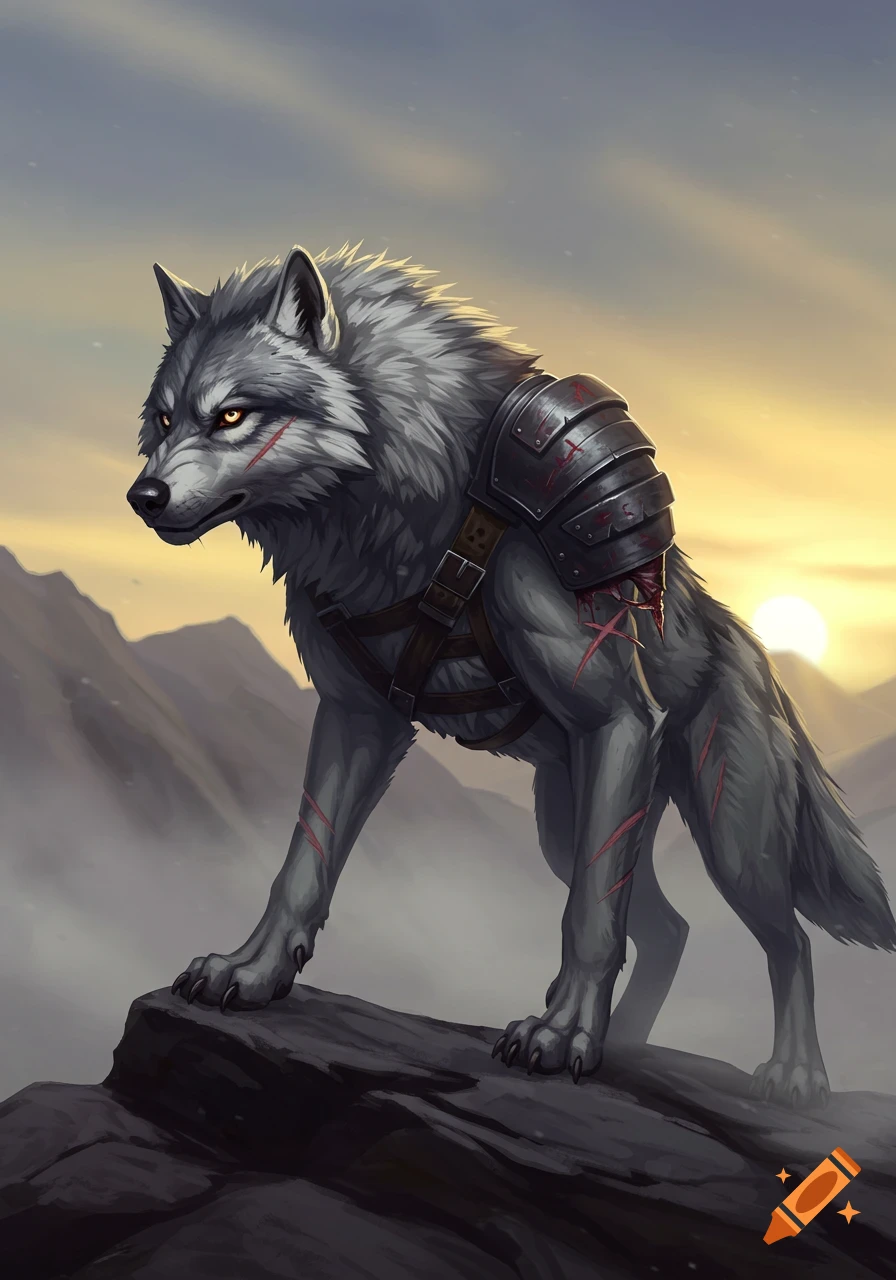 A gray wolf-like creature wearing metal armor stands on a rocky mountain peak at sunset, with yellow eyes and red battle marks.