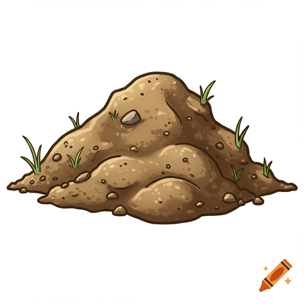 A semi-cartoon style dirt mound with small blades of green grass and a gray rock, isolated on a white background.