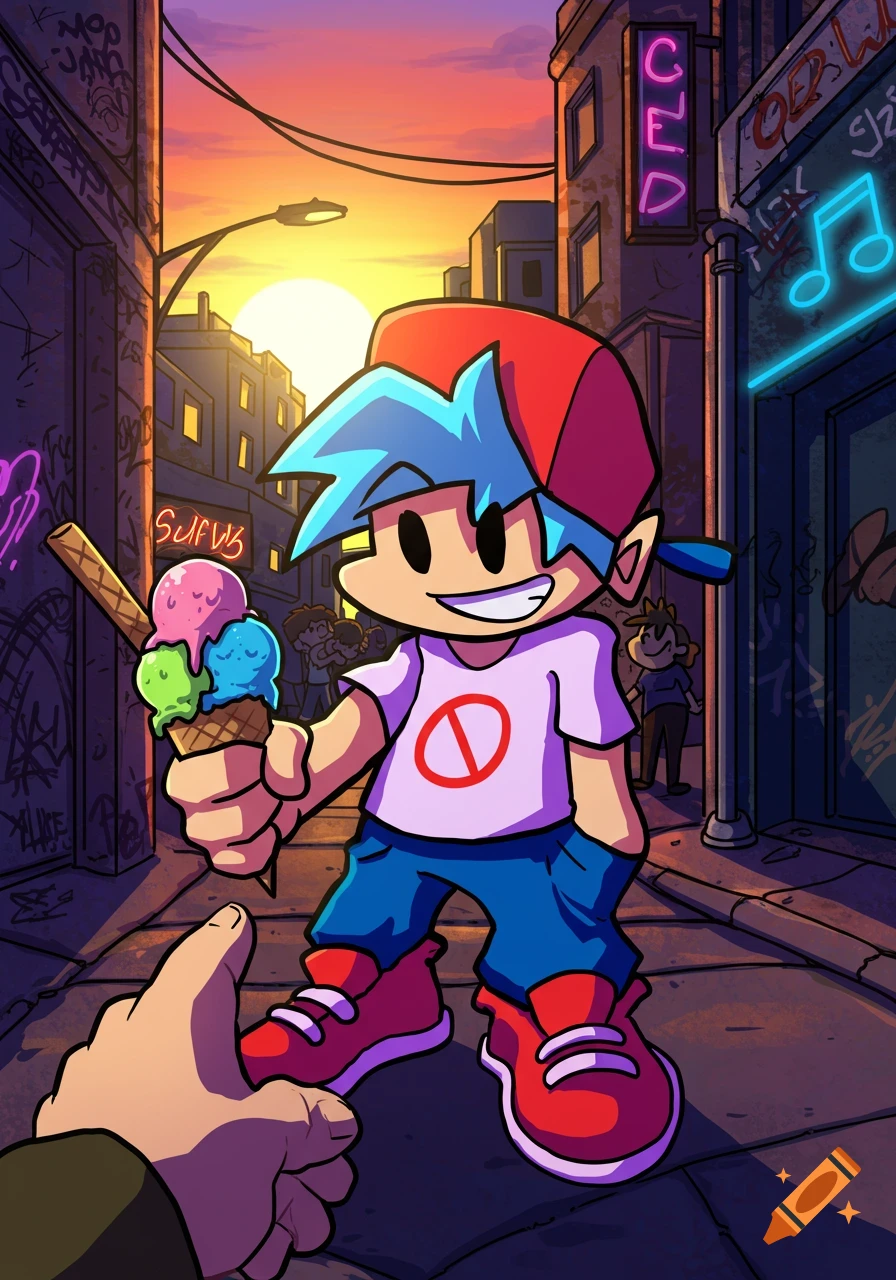 FNF Boyfriend holding a colorful ice cream cone, offering it to the viewer on a street at sunset, in a vibrant cartoon style.