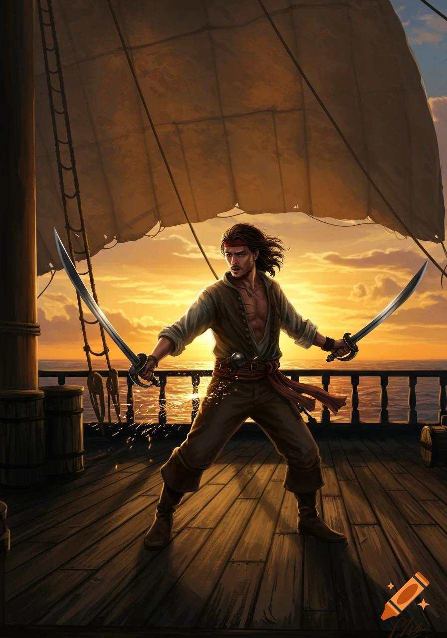 A fierce pirate-like man in a bandana stands on a ship deck at sunset, holding two swords. Digital illustration.